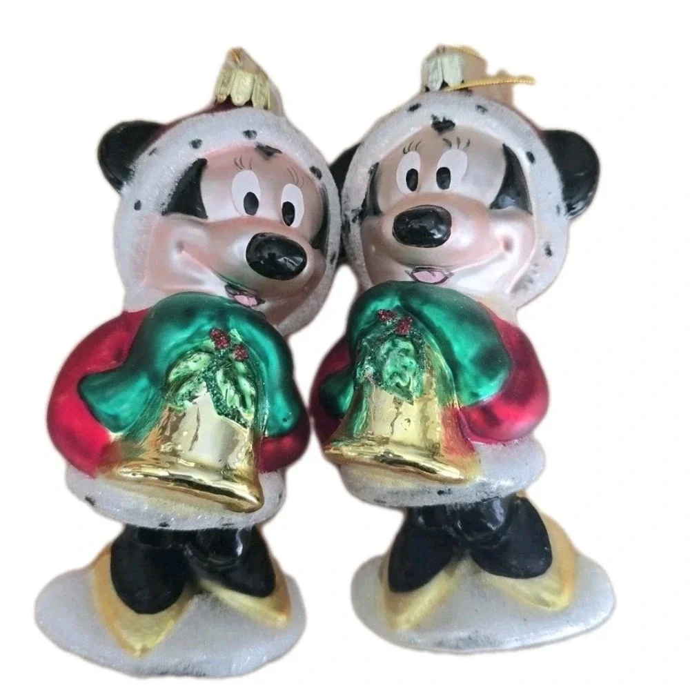 Disney Minnie Mouse Glass Christmas Ornaments Set of 2 Red Holiday Mrs Claus 4in